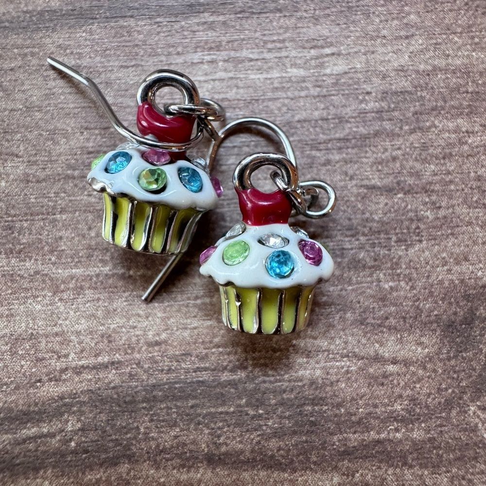 SWEET SOIREE Cupcake Enamel Rhinestone Hook Earrings Silver Tone Whimsical Cute